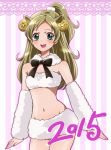  1girl 2015 :d animal_ears blonde_hair bow detached_sleeves female goat_ears goat_girl green_eyes half_updo horns kagami_chihiro long_hair minamino_kanade navel open_mouth ponytail precure smile solo suite_precure 