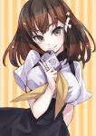  1girl :&gt; bad_id book breasts brown_hair female gatchaman_crowds grey_eyes hair_ornament highres ichinose_hajime large_breasts looking_at_viewer matsuryuu school_uniform short_hair sketch smile solo source_request striped striped_background 
