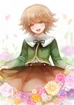  1boy blush brown_eyes brown_hair brown_skirt chiko_(d04099) crossdressinging dangan_ronpa flower fujisaki_chihiro open_mouth short_hair skirt smile solo trap 