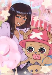  2boys 2girls antlers backpack bag black_hair blue_eyes blunt_bangs blush blush_stickers commentary cotton_candy cross excited food hat highres holding holding_cotton_candy holding_food horns kattynyx long_hair multiple_boys multiple_girls nico_robin one_piece pink_hat purple_shirt reindeer_antlers shirt smile tony_tony_chopper 
