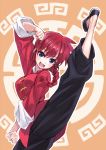  1girl blue_eyes braid breasts capri_pants chinese_clothes female genderswap happy highres kicking long_hair martial_arts matsuryuu no_socks pants ranma-chan ranma_1/2 redhead saotome_ranma single_braid solo source_request tangzhuang 