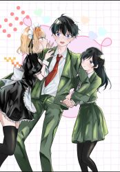  1boy 2girls @_@ apron arm_hug artist_request black_dress black_hair black_thighhighs blazer blonde_hair closed_mouth collared_shirt commentary_request dress feet_out_of_frame green_jacket green_pants green_skirt highres jacket long_hair long_sleeves maid maid_apron maid_day maid_headdress multiple_girls necktie open_clothes open_jacket open_mouth original pants pleated_skirt pout red_necktie school_uniform second-party_source shirt short_hair skirt thigh-highs violet_eyes white_apron white_background white_shirt white_wrist_cuffs wrist_cuffs 
