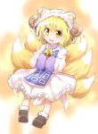  1girl absurdres bell blonde_hair fox_tail hat highres hiro_(pqtks113) horns looking_at_viewer multiple_tails sheep_horns short_hair smile solo tail touhou yakumo_ran yellow_eyes 
