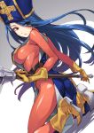  1girl ass bad_id blue_hair blush bodysuit boots breasts dragon_quest dragon_quest_iii gloves hat highres impossible_clothes large_breasts long_hair looking_at_viewer looking_back mace matsuryuu mitre priest_(dq3) red_eyes skin_tight solo tabard weapon 