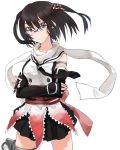  1girl bespectacled black-framed_glasses black_eyes black_hair blush cowboy_shot crossed_arms fujibejifu glasses kantai_collection looking_at_viewer necktie scarf sendai_(kantai_collection) simple_background skirt solo two_side_up underwear white_background 