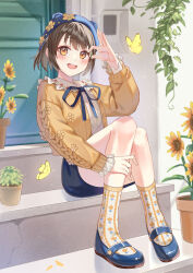 1girl :d absurdres beret black_skirt blue_hat blue_ribbon blue_shoes blush brown_eyes brown_hair bug butterfly cardigan commentary_request flower full_body ham3c hand_on_own_leg hand_up hat highres long_sleeves looking_at_viewer miniskirt neck_ribbon open_cardigan open_clothes open_mouth orange_cardigan orange_socks original plant potted_plant ribbon shirt shoes short_hair sitting sitting_on_stairs skirt smile socks solo stairs sunflower white_shirt yellow_butterfly yellow_flower 