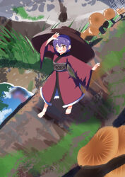  1girl absurdres barefoot black_sash blush bowl bowl_hat brown_eyes commentary_request foliage gasubanana grass hat highres japanese_clothes kimono large_hat mini_person obi one_eye_closed partial_commentary plant_request purple_hair red_kimono reflection sash short_hair solo sukuna_shinmyoumaru touhou walking water 
