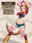  1girl anael_(whistle_frog) antenna_hair character_profile cutoffs demon_girl demon_horns denim denim_shorts english eyebrows female flat_chest full_body hooves horns middle_finger midriff navel original pointy_ears red_eyes redhead short_hair shorts solo standing succubus tail whistle_frog 