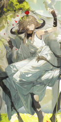  1girl 1other absurdres ancient_greek_clothes animal_ears arknights arm_up armlet bare_shoulders bird bird_on_hand black_shirt black_thighhighs brown_gloves brown_hair commentary_request cow_ears cow_girl cow_horns cow_tail dove fingerless_gloves flower flower_on_head gloves grass greco-roman_clothes highres horns jewelry laurel_crown looking_up pallas_(arknights) pallas_(heritage)_(arknights) robe rock rose shirt smile tail thigh-highs toeless_legwear toes white_robe yellow_eyes yumingtongxue 