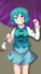  1girl :p arlonn blue_eyes blue_hair heterochromia highres karakasa_obake red_eyes short_pants solo tatara_kogasa tongue tongue_out touhou umbrella 