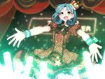  1girl :d blush brown_eyes curtains dress glowstick green_hair hitoto idolmaster idolmaster_million_live! looking_at_viewer open_mouth outstretched_arms short_hair smile spread_arms tokugawa_matsuri wrist_cuffs 