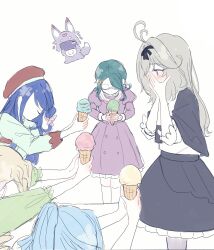  5girls absurdres antenna_hair black_capelet black_dress blonde_hair blue_hair blush bow braid capelet commentary_request covering_own_mouth dress food frills glasses green_dress green_hair hair_intakes hair_ornament hand_over_own_mouth hat heart highres holding holding_food holding_ice_cream holding_ice_cream_cone howa_kurea ice_cream ice_cream_cone ieri_shiruku kaneda_rei kurusu_eliza long_hair long_sleeves mashu-tan meitantei_precure! moria_luluka multiple_girls ponytail precure puffy_sleeves rita_(myyk_rrnyam) school_uniform shirt violet_eyes white_background 