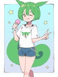  1girl blue_background blue_shorts blush border bra_strap closed_mouth dolphin_shorts double-parted_bangs feet_out_of_frame highres holding holding_microphone looking_at_viewer microphone moqrin777 one_eye_closed print_shirt shirt short_hair short_sleeves shorts smile solo standing star_(symbol) tongue tongue_out v voiceroid white_border white_shirt yellow_eyes zundamon 