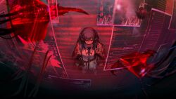 1girl arknights arms_at_sides artist_request closed_mouth closure_(arknights) dark_room english_text from_above frustrated game_asset hair_between_eyes head_down highres holographic_monitor jacket jacket_partially_removed official_art pointy_ears red_eyes red_theme sad shirt third-party_source variant_set white_shirt 
