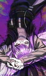  1girl arms_up birthday black_dress black_jacket buttons calico_(pattern) calico_cat cat commentary_request dress glasses hair_ornament hair_over_shoulder hair_spread_out highres holding_figure jacket light_smile long_hair looking_at_viewer lying lying_upside-down on_back purple_background purple_hair red_eyes shizuhara_hiruko solo the_hundred_line_-last_defense_academy- upside-down user_svaw2754 