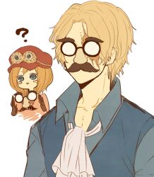  1boy 1girl ? ascot blonde_hair blue_eyes blue_shirt blue_vest blush_stickers collared_shirt commentary_request fake_facial_hair fake_mustache glasses goggles goggles_on_headwear holding koala_(one_piece) komomo1214 one_piece pink_vest sabo_(one_piece) shirt short_hair vest white_ascot 