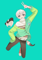  1boy :o absurdres ahoge arm_up brown_pants buttons cardigan commentary full_body green_background green_cardigan ham3c hat highres inumaki_toge jujutsu_kaisen long_sleeves looking_at_viewer male_focus open_mouth pants red_shoes shoes short_hair simple_background sleeves_past_fingers sleeves_past_wrists sneakers solo sweater turtleneck turtleneck_sweater unworn_hat unworn_headwear v violet_eyes white_hair white_hat white_sweater 