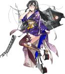  1girl black_eyes black_hair fujikawa glasses hair_ornament hairband japanese_clothes kantai_collection kimono looking_at_viewer machinery official_art ooyodo_(kantai_collection) simple_background solo torn_clothes transparent_background turret 
