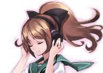  1girl brown_hair closed_eyes headphones long_hair matsuryuu ponytail school_uniform smile white_background 