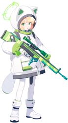  1girl animal_ears battle_rifle blonde_hair blue_archive boots bow breast_pocket coat english_text fake_animal_ears fake_tail full_body game_asset gloves green_bow green_eyes green_halo green_socks gun h&amp;k_g3 hair_bow halo helmet highres hiyo_kiki holding holding_gun holding_weapon large_variant_set leggings long_sleeves looking_at_viewer midori_(armed)_(blue_archive) midori_(blue_archive) official_art open_mouth pocket raccoon_ears raccoon_tail rifle scope sidelocks simple_background socks solo space_helmet standing tachi-e tail third-party_source transparent_background trigger_discipline two-handed variant_set weapon white_boots white_coat white_gloves white_helmet white_leggings 