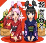 2girls :3 :d animal_ears black_hair blue_eyes bowing japanese_clothes kimono long_hair looking_at_viewer multiple_girls open_mouth original pink_hair rabbit_ears red_eyes salute seiza seraphwia sitting smile translation_request v_arms 