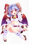  1girl alternate_costume bat_wings bell blue_hair blush cow_bell fang hairband high_heels horns kedama_milk looking_at_viewer midriff open_mouth red_eyes remilia_scarlet sheep sheep_horns sheep_tail short_hair simple_background solo touhou white_background wings 