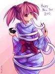  1girl 2015 ass blush bow bowl chopsticks eating food from_behind happy_new_year highres huge_ass japanese_clothes kaname_madoka kimono looking_back mahou_shoujo_madoka_magica maullarmaullar mochi new_year obi pink_eyes pink_hair restrained sash scrunchie short_twintails solo taut_clothes twintails wagashi you&#039;re_doing_it_wrong 