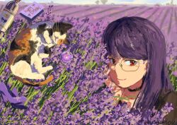  1girl alcohol birthday black_choker black_jacket calico_(pattern) calico_cat cat choker commentary_request earrings flower furusamou glasses happy_birthday highres jacket jewelry light_smile long_hair purple_hair red_eyes shirt shizuhara_hiruko smile the_hundred_line_-last_defense_academy- violet_(flower) 