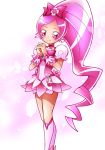  1girl boots cure_blossom hair_ornament hanasaki_tsubomi heart heartcatch_precure! highres knee_boots long_hair magical_girl pink_eyes pink_hair ponytail precure ribbon simple_background skirt smile solo wrist_cuffs 