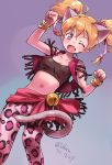  1girl ;d animal_ears bell blonde_hair bracelet breasts cat_ears cat_tail dated fang fresh_precure! highres isedaichi_ken jewelry kemonomimi_mode looking_at_viewer midriff momozono_love navel one_eye_closed open_mouth panther_pink_(precure) pantyhose paw_pose pink_eyes precure short_hair smile solo tail twintails twitter_username 