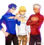  3boys archer astarone blonde_hair blue_hair copyright_name earrings fate/stay_night fate_(series) gilgamesh jewelry lancer multiple_boys necklace open-chest_sweater red_eyes snakeskin_print sweatdrop sweater white_hair 