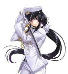  1girl black_hair female_admiral_(kantai_collection) gloves hat highres kantai_collection long_hair looking_at_viewer matsuryuu military military_uniform mole naval_uniform peaked_cap ponytail revision smile solo sword uniform very_long_hair violet_eyes wakizashi weapon white_gloves 