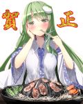  1girl blush chopsticks detached_sleeves eating food frog_hair_ornament green_eyes green_hair hair_ornament hand_on_own_cheek heart heart-shaped_pupils kochiya_sanae long_hair meat ryosios simple_background smile snake_hair_ornament solo symbol-shaped_pupils touhou translation_request white_background 