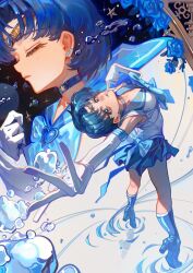  1girl absurdres back_bow bishoujo_senshi_sailor_moon blue_boots blue_bow blue_choker blue_eyes blue_flower blue_hair blue_rose blue_sailor_collar boots bow choker circlet closed_eyes commentary elbow_gloves finger_to_mouth flower full_body gloves gold_circlet high_heel_boots high_heels highres inner_senshi leotard looking_at_viewer magical_girl miniskirt mizuno_ami multiple_views photoshop_(medium) rose sailor_collar sailor_mercury sailor_senshi_uniform short_hair skirt solo tiptoes white_gloves white_leotard zeanue_illust 