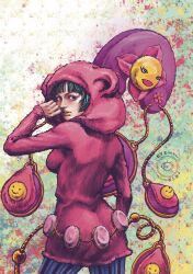  1girl animal_ears bear_ears blue_pantyhose bob_cut california_king_bed commentary english_commentary fake_animal_ears flower_ornament green_hair higashikata_daiya highres hood hood_up hoodie jojo_no_kimyou_na_bouken jojolion mammonmoney orange_lips pantyhose parted_lips pink_hoodie short_hair solo stand_(jojo) striped_clothes striped_pantyhose tegaki vertical-striped_clothes vertical-striped_pantyhose 