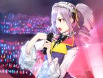  1girl crowd drill_hair frilled_sleeves frills glowstick hand_on_own_chest hitoto idolmaster idolmaster_cinderella_girls kanzaki_ranko long_hair microphone open_mouth red_eyes silver_hair solo twin_drills twintails 