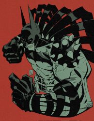  1boy absolute_batman absolute_dc back_spikes bat_mask batman batman_(absolute_dc) batman_(series) batman_symbol belt bodysuit dc_comics grey_bodysuit highres jesse_marsh15 male_focus multicolored_suit muscular muscular_male solo superhero_costume taut_bodysuit taut_clothes two-tone_suit utility_belt 