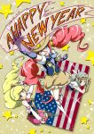  3girls american_flag arm_warmers black_legwear blonde_hair blonde_haired_cure_(bomber_girls_precure)_(happinesscharge_precure!) blue_eyes blue_gloves boots brown_eyes cowboy_hat feathers female fingerless_gloves freckles fringe gloves grey_eyes grey_hair grey_haired_cure_(bomber_girls_precure)_(happinesscharge_precure!) grey_skirt happinesscharge_precure! happy_new_year hat headband knee_boots long_hair magical_girl multiple_girls new_year niita pink_skirt precure red_haired_cure_(bomber_girls_precure)_(happinesscharge_precure!) redhead skirt smile star thigh-highs twintails western 