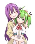  2girls ;&lt; ahoge bad_id bell blush cardigan cheek_press closed_eyes gj-bu green_eyes green_hair hair_bell hair_ornament hair_ribbon hand_on_head highres hug hug_from_behind jingle_bell kannazuki_tamaki long_hair matsuryuu multiple_girls one_eye_closed open_mouth purple_hair ribbon school_uniform simple_background sumeragi_shion sweatdrop tsurime twintails white_background 