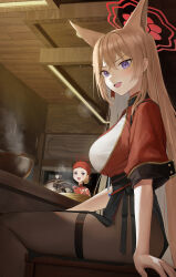  2girls :d absurdres animal_ears arm_at_side black_tortoise_promenade_member_(sg)_(blue_archive) blonde_hair blue_archive blush breasts brown_pantyhose china_dress chinese_clothes dress extra_ears feet_out_of_frame fox_ears fox_girl hair_between_eyes halo headscarf highres indoors large_breasts long_hair looking_at_viewer multiple_girls open_mouth orange_hair pantyhose pelvic_curtain red_dress red_halo red_headscarf rope_belt rumi_(blue_archive) short_sleeves sidelocks sitting smile solo_focus steam straight_hair sunj000 teeth thighband_pantyhose upper_teeth_only v-shaped_eyebrows very_long_hair violet_eyes wooden_ceiling 