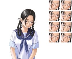  1girl ^_^ angry averting_eyes black_eyes black_hair blue_neckerchief blue_sailor_collar blush braid breasts closed_eyes closed_mouth collarbone commentary_request embarrassed forehead frown furrowed_brow glasses gloom_(expression) jimiko long_hair looking_at_viewer looking_down looking_to_the_side love_plus multiple_braids multiple_expressions multiple_views neckerchief official_art one_eye_closed parted_bangs parted_lips quad_braids raised_inner_eyebrows sailor_collar sasaki_mari school_uniform serafuku shirt short_sleeves small_breasts smile summer_uniform sweat teeth transparent_background upper_body white_shirt 