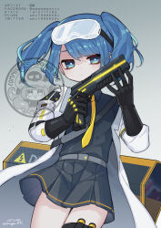  1girl 2022 amy7996659 artist_name bags_under_eyes belt black_gloves black_shirt black_skirt blue_eyes blue_hair chinese_commentary coat collared_shirt commentary_request commission cowboy_shot dated elbow_gloves english_commentary expressionless eyes_visible_through_hair facebook_username flat_chest from_below gloves goggles goggles_on_head green_eyes grey_background grey_belt gun hair_between_eyes hands_up highres holding holding_gun holding_weapon jitome long_sleeves looking_at_viewer miniskirt mixed-language_commentary multicolored_eyes necktie open_clothes open_coat original pixiv_id pleated_skirt plurk_username puffy_long_sleeves puffy_sleeves school_uniform shirt shirt_tucked_in short_hair shoulder_belt sidelocks sideways_glance simple_background skirt solo standing swept_bangs thigh_strap twintails twitter_username two-handed two-tone_background two-tone_eyes watermark weapon white-framed_eyewear white_background white_coat yellow_necktie 