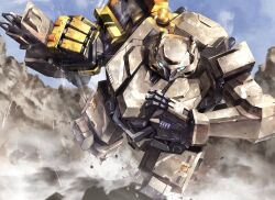  dust glowing glowing_eyes goddess_of_victory:_nikke highres incoming_attack incoming_punch li_han mecha mecha_focus no_humans outdoors punching robot running science_fiction sky talos_(nikke) 