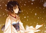  1girl ayaorin brown_eyes brown_hair japanese_clothes kara_no_kyoukai kimono obi ryougi_shiki sash snowing solo 