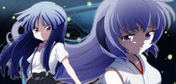  2girls absurdres arm_at_side bare_shoulders black_skirt blue_hair blunt_bangs blunt_ends bow bowtie breasts closed_mouth collared_shirt commentary crying crying_with_eyes_open dot_nose floating_hair furrowed_brow furude_rika hanyuu highres higurashi_no_naku_koro_ni hime_cut horns japanese_clothes kimono long_hair looking_ahead medium_breasts minagoroshi-hen multiple_girls open_mouth pink_bow pink_bowtie pleated_skirt portrait sazae_sanze school_uniform serious shirt short_sleeves skirt sleeveless sleeveless_kimono split_mouth suspender_skirt suspenders tears tears_from_one_eye upper_body violet_eyes white_kimono white_shirt wind 