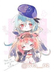  >_< 1boy 1girl animal_ears arknights beret black_gloves black_hairband black_jacket blue_cloak blue_gloves blue_hair blue_hat blush bow braid cat_ears cat_girl chibi cloak closed_eyes closed_mouth creator_connection dated gloves goldenglow_(arknights) hair_between_eyes hair_bow hairband hat headpat itsuki_02 jacket knees_up lightning_bolt_print long_hair mizuki_(arknights) pink_hair red_eyes shirt side_braid single_braid twitter_username white_background 