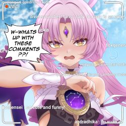  1girl absurdres armpits bare_shoulders blush bow-shaped_hair chat_log commentary constellation constellation_print danmaku_comments dress embarrassed english_commentary english_text feixianji_(hairstyle) forehead_jewel fu_xuan_(honkai:_star_rail) hair_ornament hair_rings highres honkai:_star_rail honkai_(series) livestream long_hair looking_at_viewer low_twintails pink_hair reila_nii speech_bubble twintails 