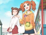  bag brown_hair closed_eyes clouds double_bun green_eyes hitoto hoodie idolmaster open_mouth orange_hair siblings sisters sky smile sweatdrop takatsuki_kasumi takatsuki_yayoi twintails walking 