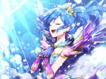  1girl aikatsu! blue_eyes blue_hair blush closed_eyes crown dress gloves hands_on_own_chest hitoto kiriya_aoi open_mouth side_ponytail smile solo 