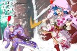  2girls blue_hair excel_(shena) falling fang floral_print headshot highres japanese_clothes kimono long_hair mob_cap multiple_girls new_year obi open_mouth patchouli_knowledge purple_hair remilia_scarlet sash scarlet_devil_mansion shuttlecock smile snow touhou translated very_long_hair 